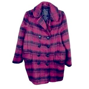 Coach Peacoat Women's Medium Cranberry Black Plaid Long Double Breasted